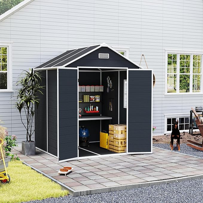Resin Storage Shed 6x6ft Outdoor Tool Shed with Floor, Window, Lockable Doors and Vents, 12mm Thick pp Board, Storage Sheds for Patio, Garden, Backyard, Lawn (Dark Gray, 6 * 6ft)