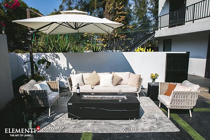 Elementi+ | Varna Gas Fire Pit | Marble Porcelain & Metal Frame | 60" Rectangular Fire Table | Electronic Ignition | Canvas Cover, Fire Glass & Burner Lid Included | Black | Natural Gas