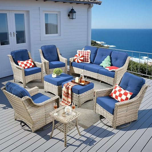 8 Pieces Patio Outdoor Furniture Set with Swivel Rocking Chairs,All Weather Wicker Rattan Patio Seating Sofa and Chair Set w/Ottoman,Outdoor Conversation Sets for Deck Yard Garden,Navy Blue
