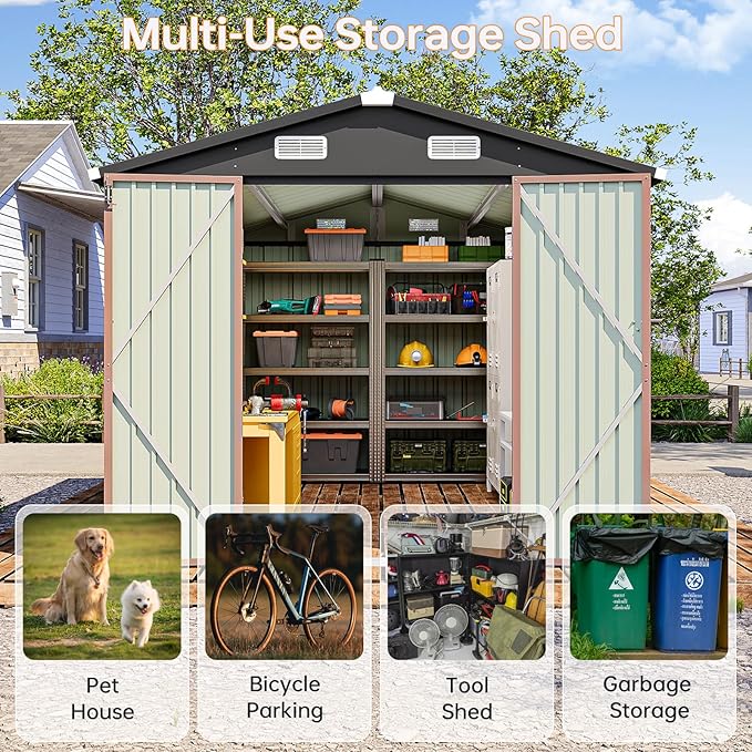 8x12 FT Outdoor Storage Shed, Utility Steel Tool Shed with Lockable Door and Air Vents, Galvanized Metal Shed for Garden Backyard Patio Lawn (8'x12', Brown)