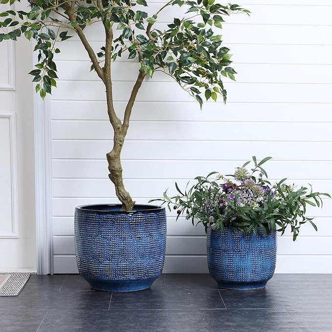 LuxenHome 12" Dia Large Ceramic Pots for Plants, Ocean Blue Glazed Planters for Outdoor Plants, Round Indoor Flower Pots with Drainage Hole and Rubber Plug for Home Garden Patio