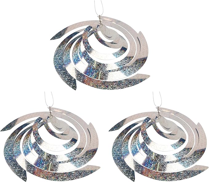 Hausse Bird Repellent Spiral Reflectors Silver Mylar Spinner, Hanging Reflective Bird Deterrent Device, Garden Decorative Scare Birds Away, Like Woodpeckers, Pigeons and Geese, 3 Pack