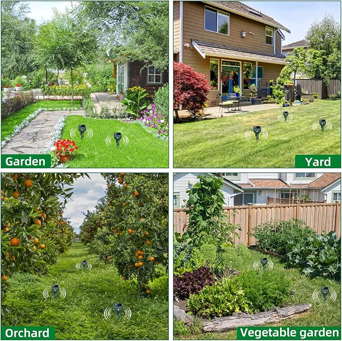 Mole Repellent Solar Powered, 4 Pack Snake Repellent for Yard, Waterproof Ultrasonic Deterrent Stakes, Get Rid for Rabbit, Gopher, Vole, Skunk, Chipmunk, Deer, Groundhog Sonic Spikes for Lawns Garden