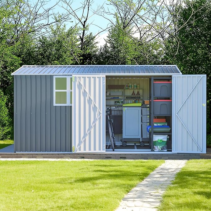 8x12 FT Large Metal Outdoor Storage Shed with Transparent Window, Outdoor Shed w/Floor Fram and Lockable Door, Tool Storage Cabinet for Backyard Garden Patio Lawn, Gray