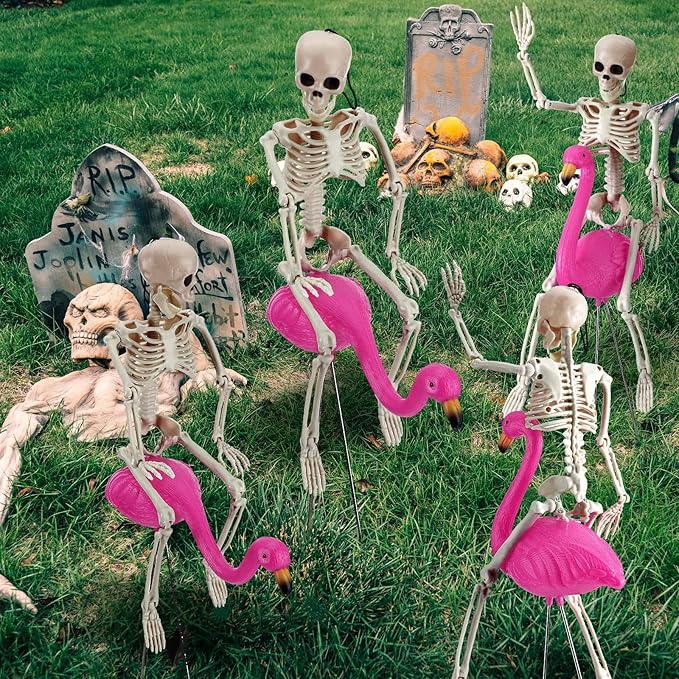 8 Pcs Halloween Skeleton Flamingo Decoration Outdoor Yard Ornament 15.7" Plastic Skeleton Decor with Posable Legs Flamingo Statue Decor for Yard Garden Lawn (Pink,S,Classic)