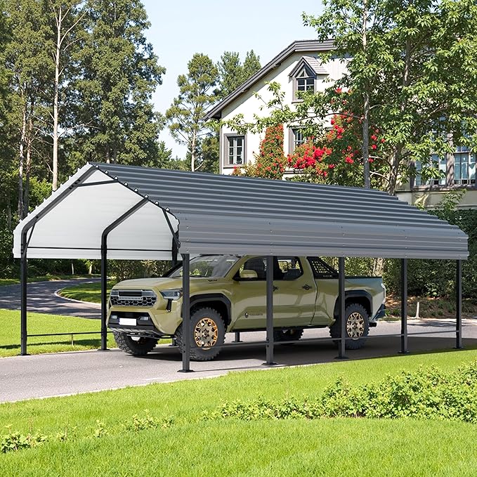 JY QAQA 12 x 20 FT Heavy Duty Metal Carport Canopy with Galvanized Steel Roof, Outdoor Car Tent Metal Garage Shelter for Car, SUV, Trucks and Boats