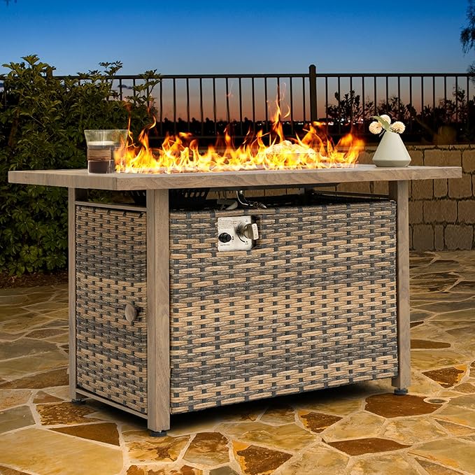 Nuu Garden 43” Propane Fire Pit, CSA-Listed Rattan Outdoor Fire Pit Table, 50,000 BTU Smokeless Gas Fire Table with Lid and Glass Beads, 2-in-1 Rectangular Fire Table for Outside Backyard Patio, Brown