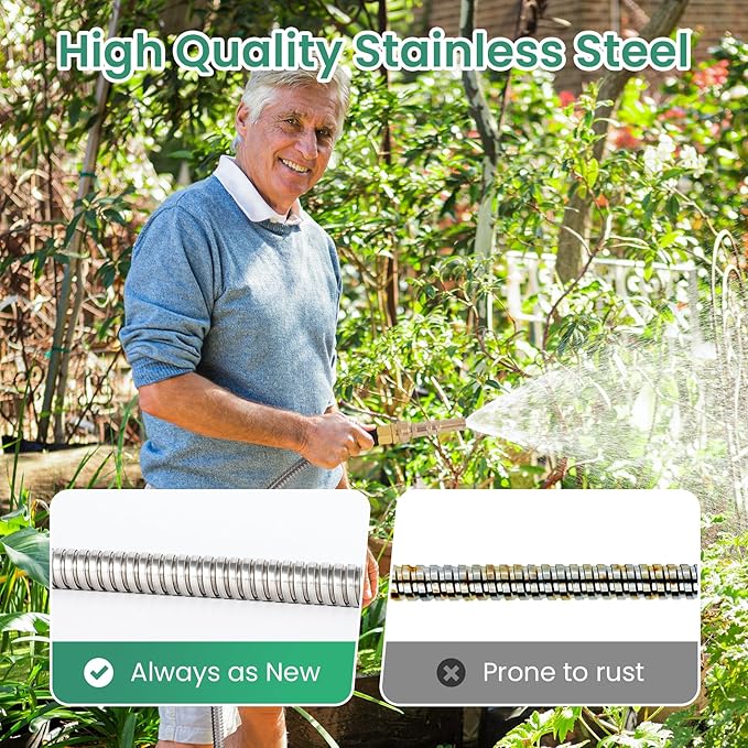 Cesun Ultra-Sturdy 25ft Metal Garden Hose - 304 Stainless Steel, Flexible & Kink-Free, UV Resistant, All-Weather, Includes High-Pressure Brass Nozzle - Ideal for Home & Outdoor Use
