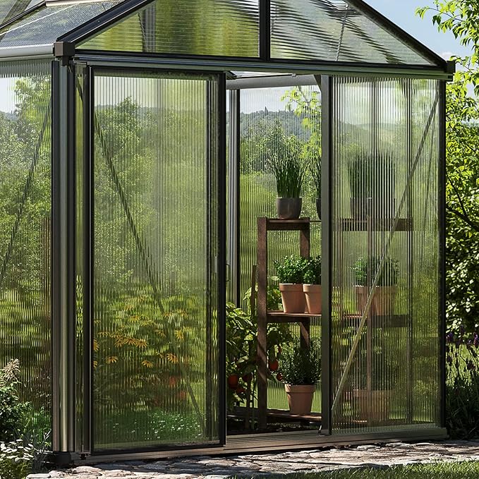 Greenhouse Diamas 21 Premium 7.7 x 7.7 ft with Approx. 16 mm Polycarbonate Panels, Natural Aluminum Color, with 2 Automatic Vent Openers