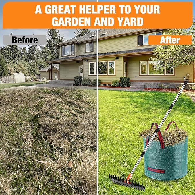 Thatch Rake - 15" Dethatcher Rake for Lawns with Upgraded Dual-Action Tines, Efficient Garden Rake with 57" Adjustable Handle, Heavy Duty Steel Metal Rakes with Reusable Yard Waste Bag & Gloves