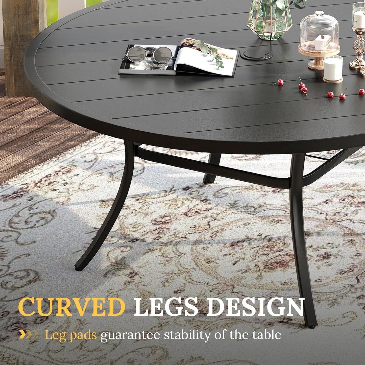 VICLLAX 60" Outdoor Round Patio Table for Lawn Garden, All Weather Metal Round Patio Dining Table with Adjustable Umbrella Hole, Outdoor Table for 8-10 Person, Black Tabletop