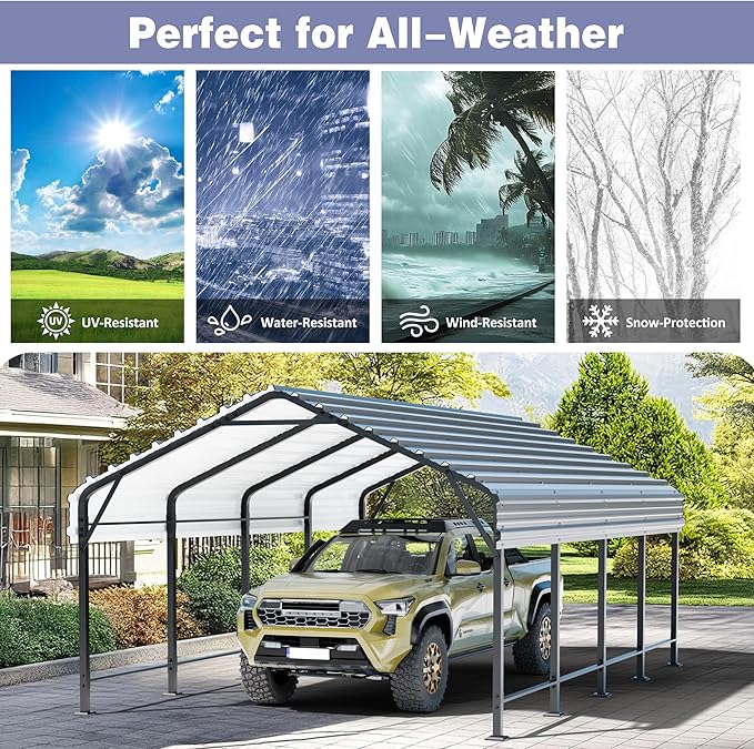 JY QAQA 12 x 20 FT Heavy Duty Metal Carport Canopy with Galvanized Steel Roof, Outdoor Car Tent Metal Garage Shelter for Car, SUV, Trucks and Boats