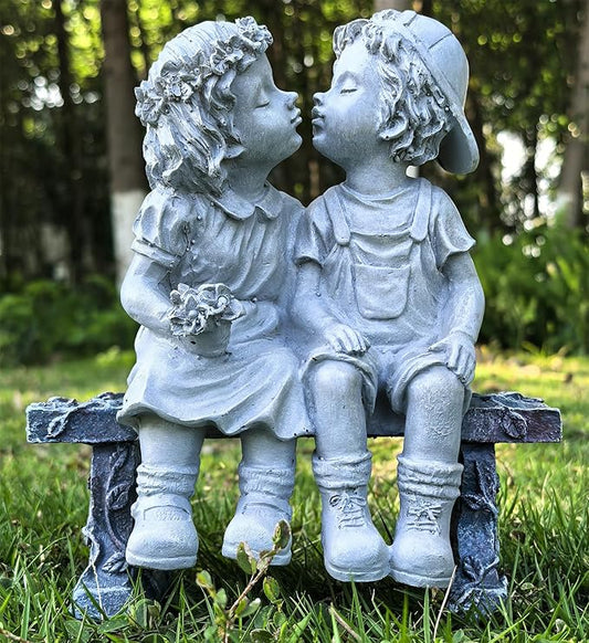 First Kiss Garden Outdoor Statue Decorative, Flower Bed Decor Puppy Love Kissing Couple, Boy and Girl Kissing Garden Figurine for Yard Patio Art