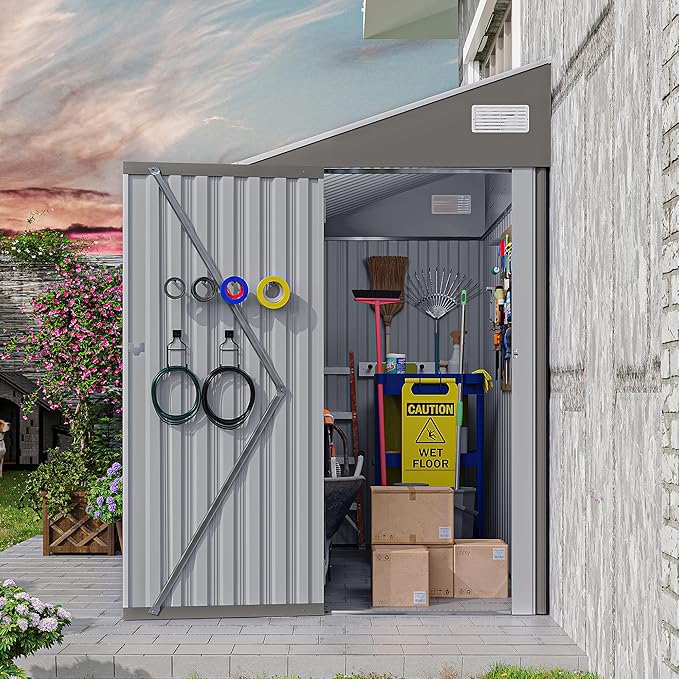 4×8 FT Outdoor Metal Storage Shed,Heavy-Duty Lean to Storage Shed with Lockable Single Side Hinge Door,Waterproof Metal Storage Tool House W/Sloping Roof,Air Vent&Protect Film,for Backyard,Gray
