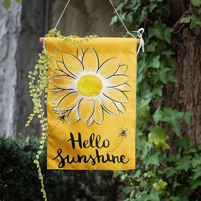 Hello Sunshine Garden Flag Bee Sunflower Flag Summer Garden Flags for Outside Yellow Flower Flag 12x18 Double Sided Yard Outdoor Front Porch Decor