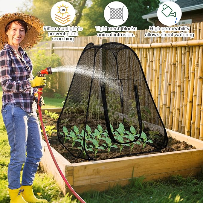 Pop up Garden Netting Cover,Pest Guard Plant Cover with 4 Stakes,Bird Plant Tent Protector,Mesh Gardening Net with Zipper Door for Vegetables Fruits Flowers