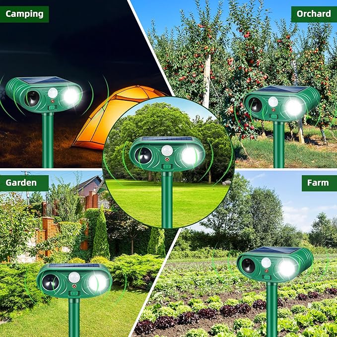 4 Pack Solar Ultrasonic Animal Repellent Outdoor Cat Rabbit Squirrel Dog Deer Repellent Devices Coyote Skunk Raccoon Fox Deterrents Light Animal Repeller with Motion Sensor for Yard Garden