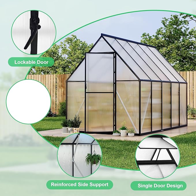 6'x9' Aluminum-Framed Polycarbonate Greenhouse, Heavy Duty Polycarbonate Greenhouse with Quick Setup Structure and Roof Vent, Large Enhanced Aluminum Green House Kit for Outdoors
