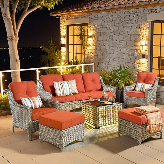 6 Pieces Patio Outdoor Furniture Set,All Weather Wicker Rattan Patio Seating Sofa and Chair Set w/Ottoman and Glowing Coffee Table,Outdoor Conversation Sets for Deck Yard Garden,Orange Red