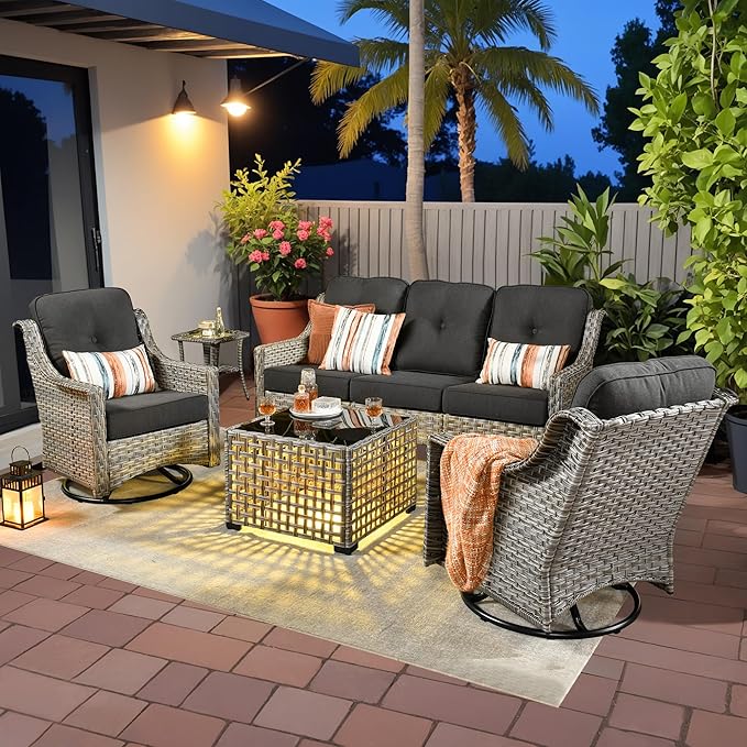 5 Pieces Patio Outdoor Furniture Set with Swivel Rocking Chairs,All Weather Wicker Rattan Patio Seating Sofa and Chair Set w/Glowing Table,Outdoor Conversation Sets for Deck Yard Garden,Black