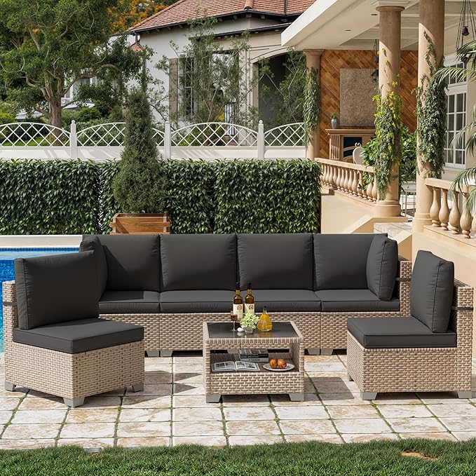 7 Pieces Patio Furniture Set, Outdoor Sectional Wicker Sofa with Thick Cushions and Storage Coffee Table, Rattan Patio Conversation Sets for Deck Yard Poolside, Black