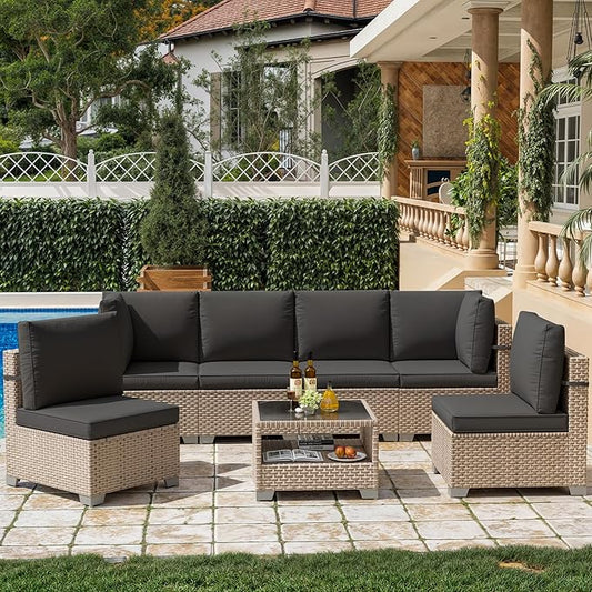 7 Pieces Patio Furniture Set, Outdoor Sectional Wicker Sofa with Thick Cushions and Storage Coffee Table, Rattan Patio Conversation Sets for Deck Yard Poolside, Black