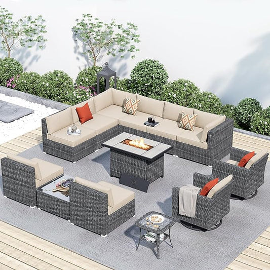 HOOOWOOO 13 Piece Patio Sectional Furniture Set with Fire Pit Table,Modern Wicker Outdoor Conversation Sofa Sets,All Weather Modular L Shaped Outside Couch Swivel Chair(Beige Sand)