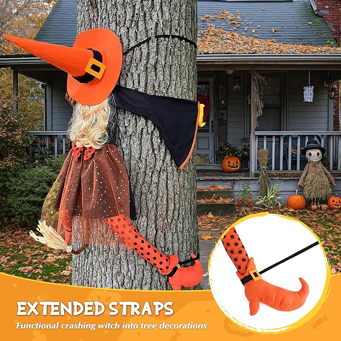 53" Crashing Witch Halloween Decoration – Funny Orange Flying Witch Hanging Prop for Yard, Tree, Porch, Patio, and Fall Outdoor Decor