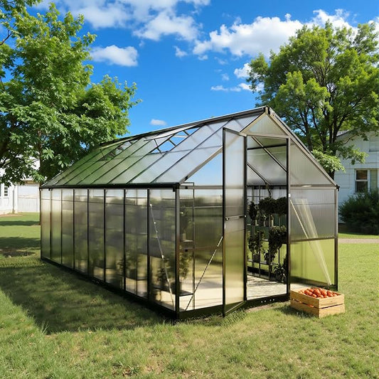 8x16 FT Greenhouse for Outdoors, Polycarbonate Green House with Quick Setup Structure and Roof Vent, Aluminum Large Walk-in Greenhouse for Outside Garden Backyard, Black