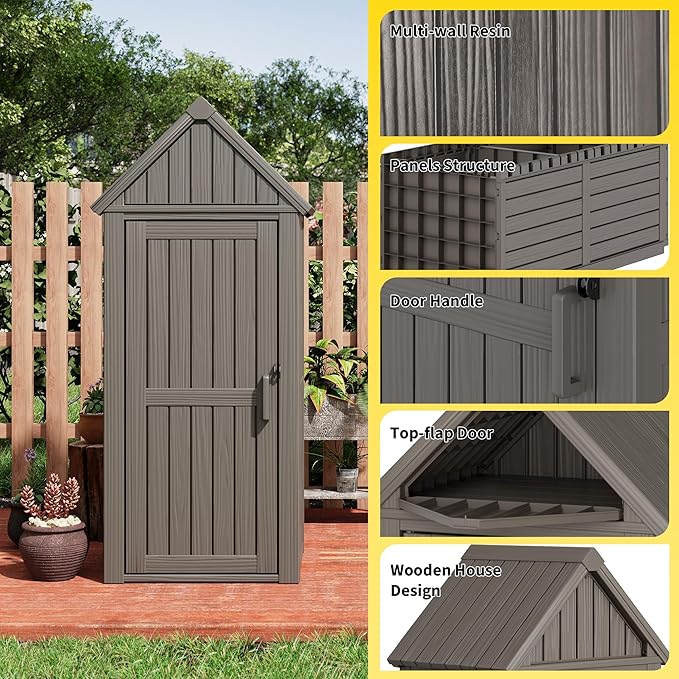 Outdoor Resin Storage Shed, Upgrade Durable Storage Cabinet with Removable Shelves and Lock Ring, Reinforced Floor, All-Weather Construction for Garden Patio Lawn (Gray)