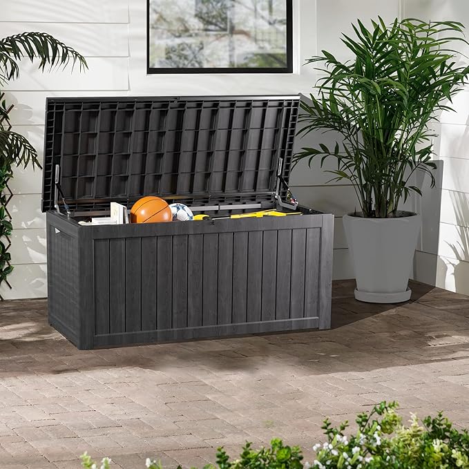 270GAL Extra - Large Black Outdoor Deck Box with Lock Hole- Waterproof, SGS - Tested UV Resistance, Roomy Storage for Lawn Mowers, Camping Gear, and More, Quick and Easy to Set Up