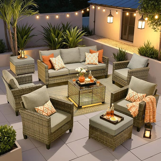 ovios 8 Pieces Patio Furniture Set Outdoor Sofa Couch with Solar Lights Table Comfy Cushions, Modern Deep Seat Wicker Rattan Conversation Set for Porch Deck, Dark Grey