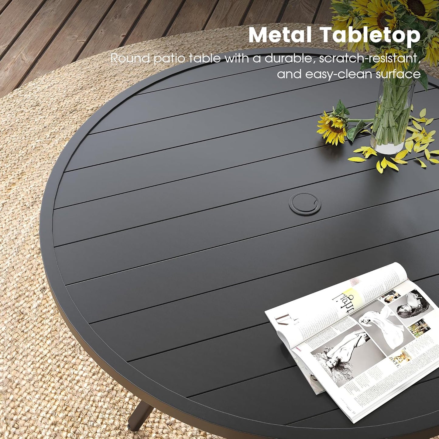 DIFY Patio Round Dining Table, 47.5" All Weather Round Outdoor Table with 1.57" Umbrella Hole for 6 Person, Perfect for Lawn Poolside and Backyard, Black