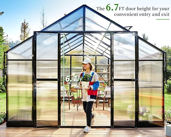 Jocisland 12x13.5x9 Polycarbonate Outdoor Aluminum Greenhouse - Quick Connect Fittings, 6.7 FT Height Bronze Double Doors, 4 Ventilation, Walk In Backyard Garden Greenhouse