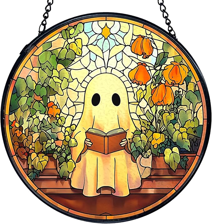 TNUW Halloween Ghost Reading Book Stained Glass Window Hanging, Ghost Bookish Flower Sun Catchers Indoor Window Glass Round Wall Art Decor, Book Lovers Gifts Wall Hanging Decorations, 7.9＂x7.9＂