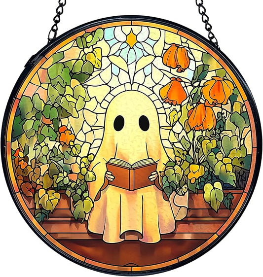 TNUW Halloween Ghost Reading Book Stained Glass Window Hanging, Ghost Bookish Flower Sun Catchers Indoor Window Glass Round Wall Art Decor, Book Lovers Gifts Wall Hanging Decorations, 7.9＂x7.9＂