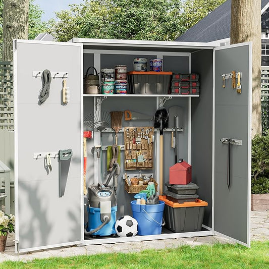 UDPATIO 4.3x5.6ft Resin Outdoor Storage Shed, Vertical Tool Shed with Shelving Brackets for Patio Pool Lawn Garden, Grey White