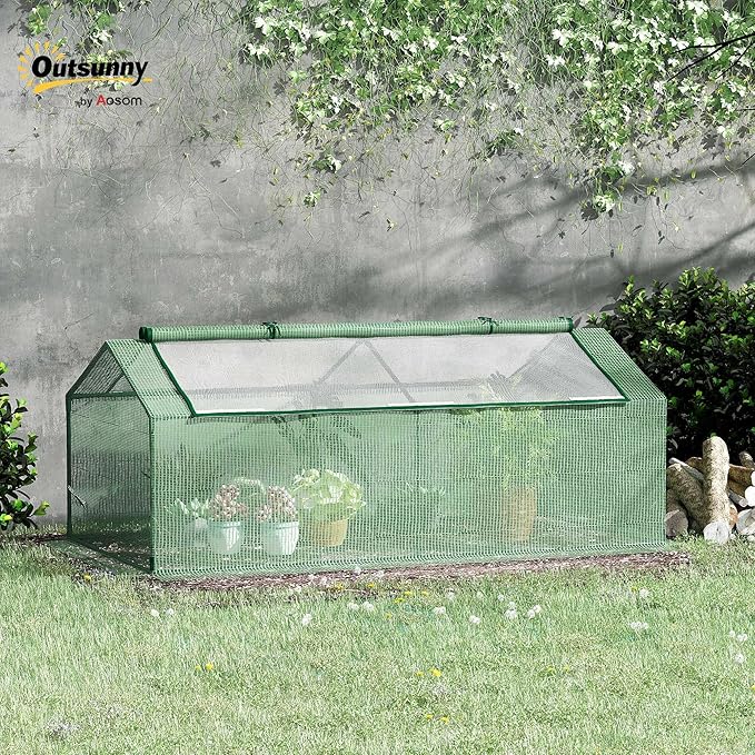 Outsunny 71" x 36" x 28" Mini Greenhouse Portable Hot House for Plants with Large Zipper Windows for Outdoor, Indoor, Garden, Green