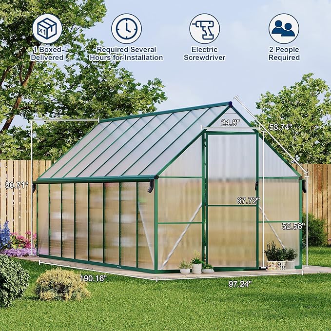 8'X16' Aluminum-Framed Polycarbonate Greenhouse, Heavy Duty Polycarbonate Greenhouse with Quick Setup Structure and Roof Vent, Large Enhanced Aluminum Greenhouses Kit for Outdoors