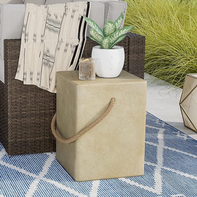 COSIEST Rectangular Concrete Side Table,15'' Outdoor Side Table w Hemp Rope Handles,Patio Side Tables Accent End Coffe Table for Garden and Patio, Beige