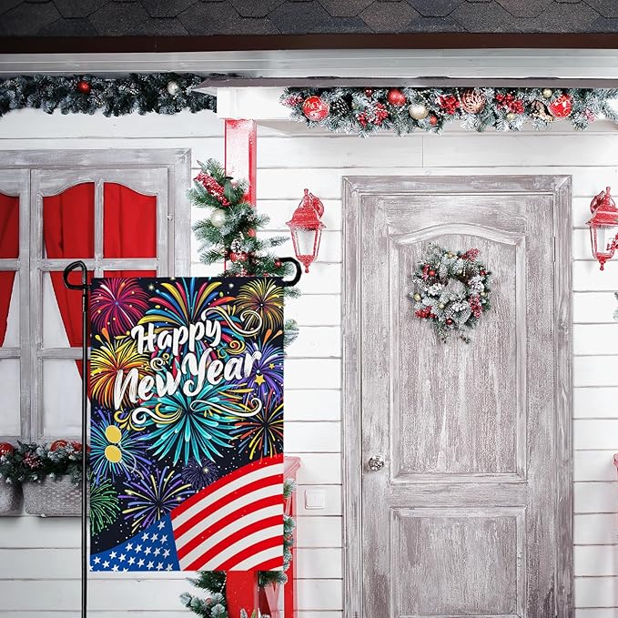 Happy New Year Garden Flag New Year Eve Yard Flags Double Sided American Flag Fireworks House Banner Balloon Holiday Celebration Party Garden Flags for Winter Festival Greetting 12x18 Inch