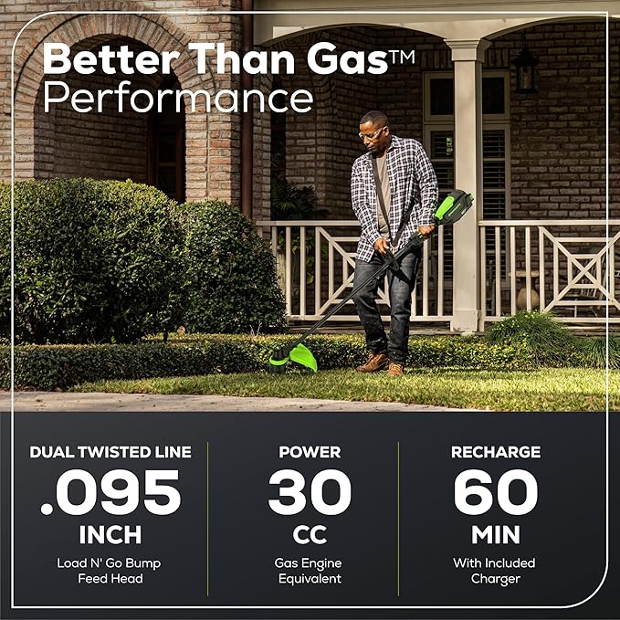 Greenworks 80V 16" Carbon Fiber Brushless Cordless String Trimmer - 2-Mile Fence Line & Driveway Edging Pro, 2.0Ah Battery/Charger Included, 23% Lighter vs Gas Trimmers