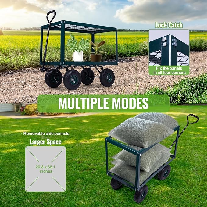 Backyard Expressions 2-Tier Heavy Duty Steel Garden Cart with Mesh Shelves and Pneumatic Wheels – Utility Wagon for Lawn, Yard, Landscaping & Outdoor Projects