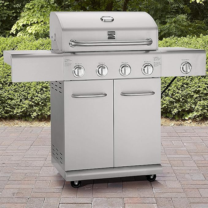 Kenmore 4-Burner BBQ Gas Grill with Searing Side Burner, Stainless Steel Propane Grill, 52,000 BTUs, Cabinet Style, Includes Warming Rack, Electronic Ignition & Stainless Steel Cooking Grates
