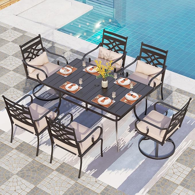 PHI VILLA 7 Pcs Patio Dining Sets,Outdoor Table Chair Set for 6 with 2 Outdoor Swivel Chairs and Metal Rectangular Table,Outdoor Dining Furniture with Cushion and Pillow for Garden Lawn Deck