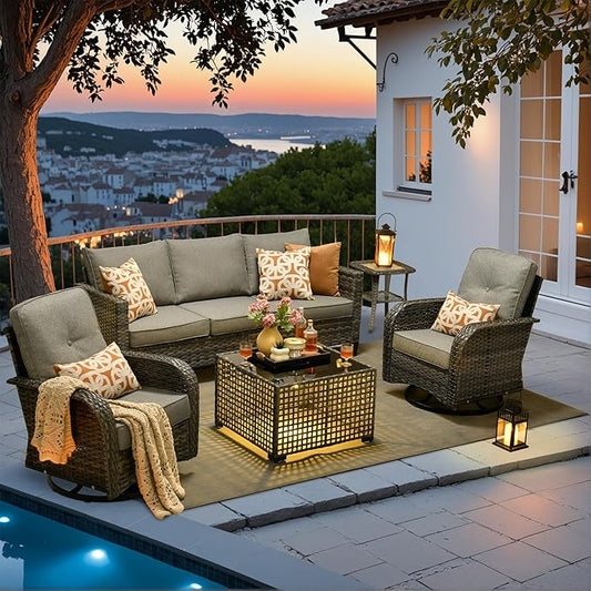 HOOOWOOO Outdoor Patio Furniture Set,5 Pieces Wicker Conversation Set,All Weather Couch Set with Swivel Chairs Solar Light Table 5 Seaters for Out Door Yard(Charcoal Gray)