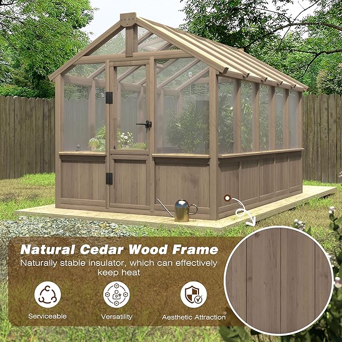 VEIKOU 6' x10' Wood Greenhouse for Outdoors with Lockable Door, Cedar Frame & Adjustable Vent, Wooden Green House with 6MM Thick Polycarbonate Panel for Garden, Yard, Light Brown Mocha