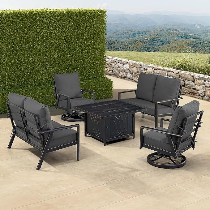 Oakland Living Black Aluminum Patio Fire Table Set with Two Deep Seating Loveseat with Cushions and Two Club Chairs with Black Cushions