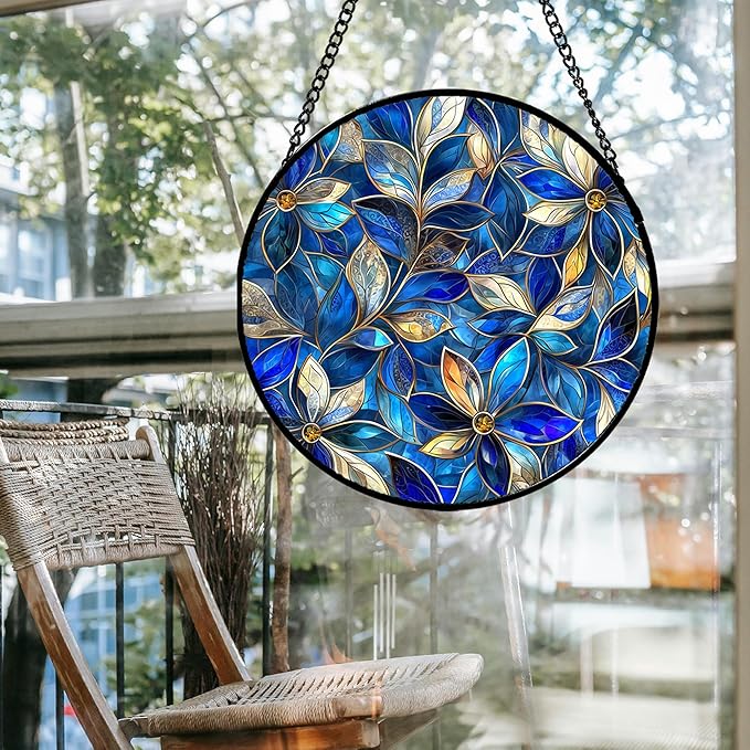 Stained Glass Window Hanging - Blue Gold Abstract Flowers Suncatcher for Door Terrace Garden Home Decor, Plant Sun Catcher Birthday Gifts for Lovers Women Men Dad Mom Nana 7.8 in