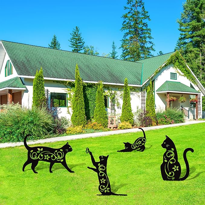Elcoho 4 Pack Black Cat Silhouette Cute Metal Cat Garden Statues Bird Repellent Decorative Garden Stakes for Yard, Garden, Lawn Outdoor Decorations